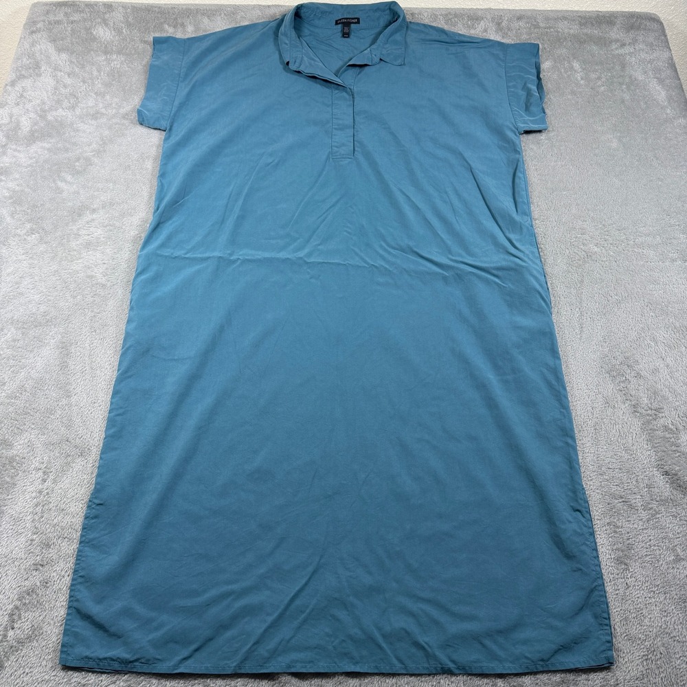 Eileen Fisher Shirt Dress Womens Medium Blue Tencel Lyocell Midi Summer Vacation